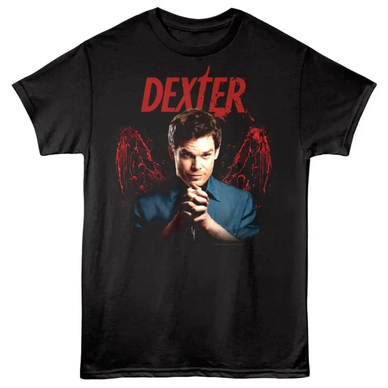 Dexter TV series themed graphic tee featuring Dexter Morgan with dark wings on a black background.