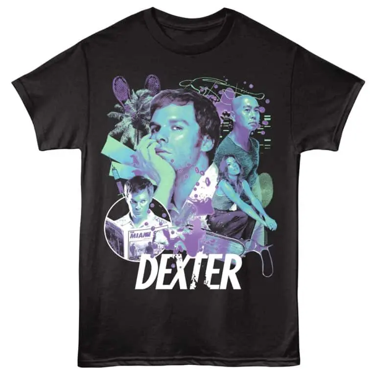 Vivid Dexter series graphic tee with main characters and vibrant colors inspired by the TV series.