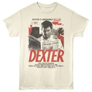 Bold image of Dexter with Miami Star newspaper, vintage style, ideal for Dexter fans.