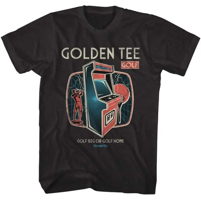 Vintage arcade golf shirt featuring Golden Tee design, ideal for golf lovers and gamers.