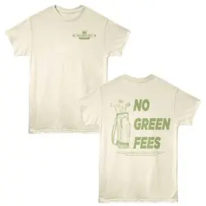 T-shirt with "Golden Tee Owner" and "No Green Fees" golf-themed print, casual golf apparel for golf enthusiasts.