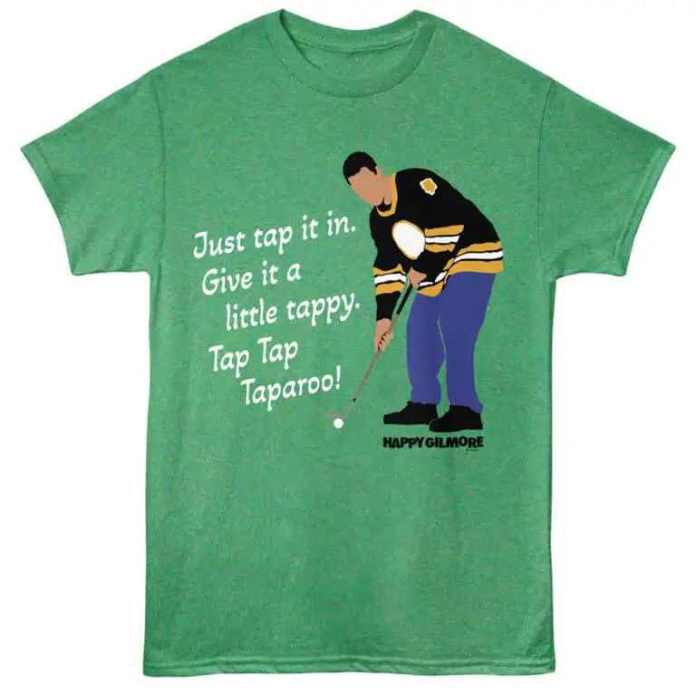 Funny golf T-shirt with hockey player graphic, ideal for sports lovers and casual wear.