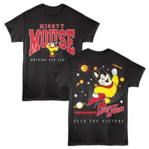 Colorful Mighty Mouse space adventure graphic tee for Disney fans and cartoon lovers.