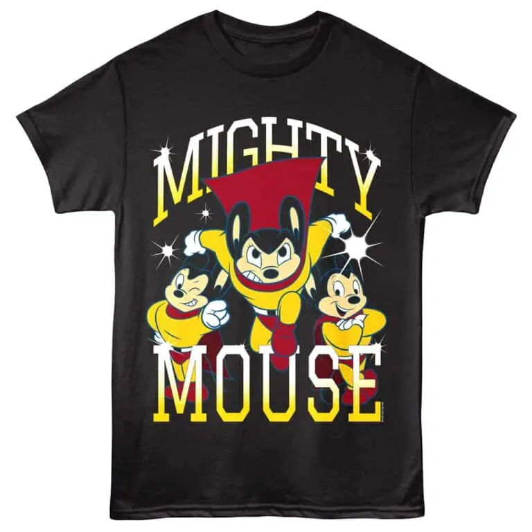 Vibrant cartoon Mickey Mouse graphic T-shirt featuring the phrase "Mighty Mouse." Perfect for Disney and cartoon character fans.