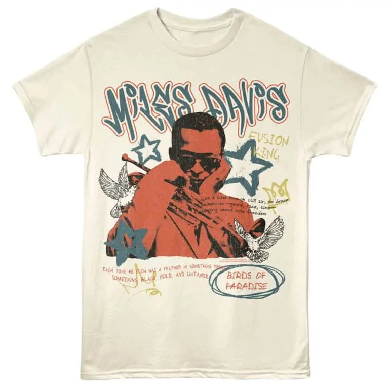 Graphic t-shirt featuring artist David Miles with artistic text and dove illustrations for a musical and artistic style.