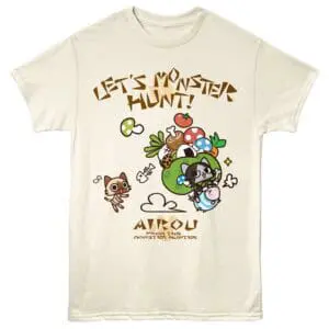 Colorful monster and animal illustration on a T-shirt with playful design for monster hunters.