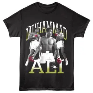 Black Muhammad Ali boxing print T-shirt for fans and sports enthusiasts.