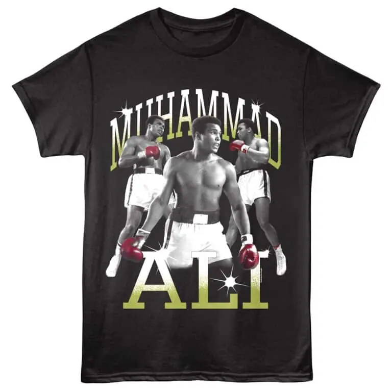 Black Muhammad Ali boxing print T-shirt for fans and sports enthusiasts.