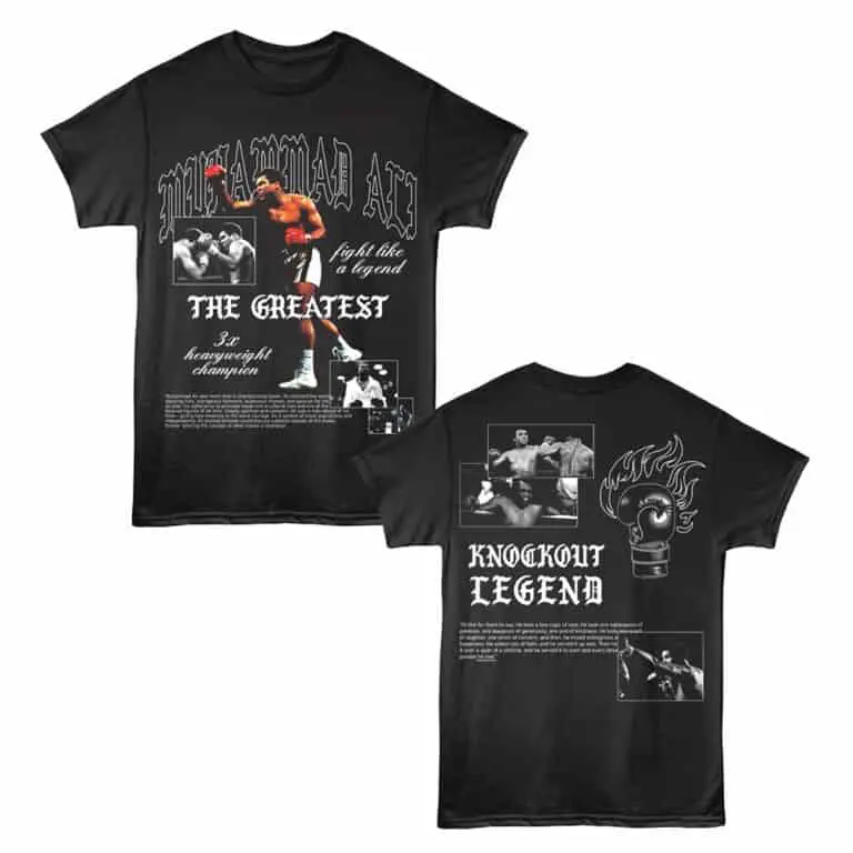 Boxing t-shirt featuring Muhammad Ali graphics, fight photos, and inspiring boxing quotes, ideal for sports apparel lovers.