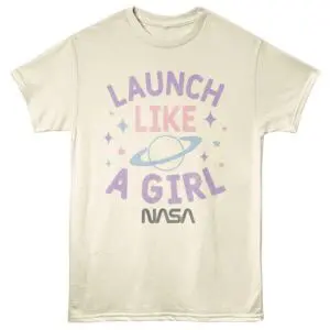 Space-themed launch like a girl NASA t-shirt with pastel colors, inspiring girls in science and space.