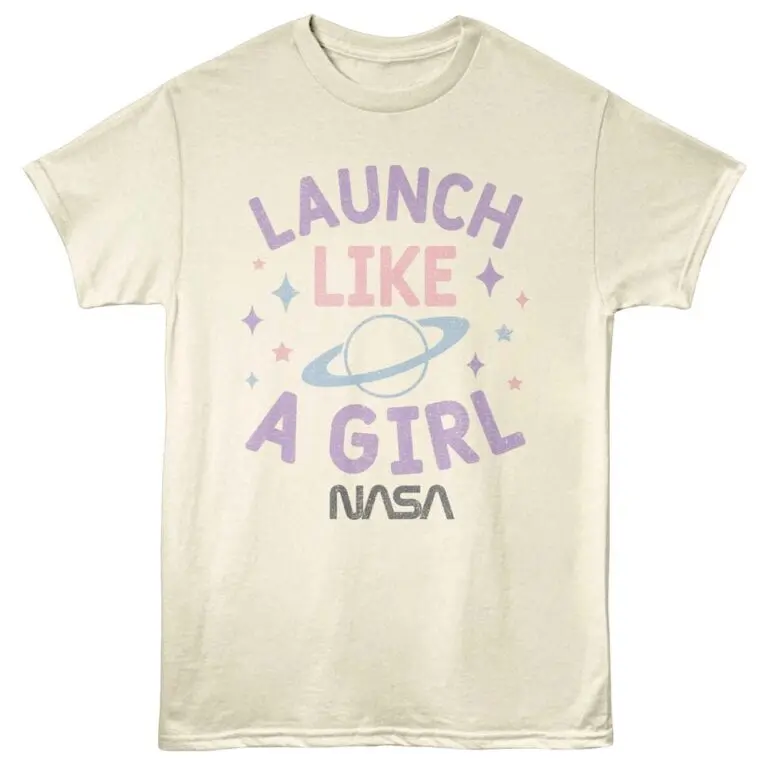 Space-themed launch like a girl NASA t-shirt with pastel colors, inspiring girls in science and space.