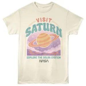 Explore space with Saturn-inspired tee featuring NASA imagery and cosmic colors.