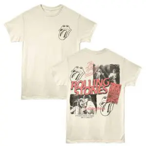 Graphic Rolling Stones band logo with concert photo on back, casual vintage style t-shirt.