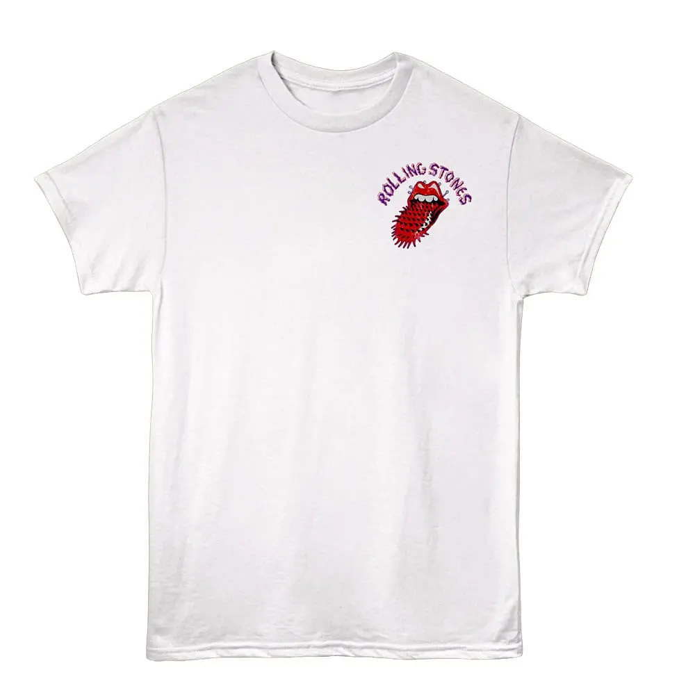 White T-shirt featuring the Rolling Stones logo with a red tongue and band name text design.