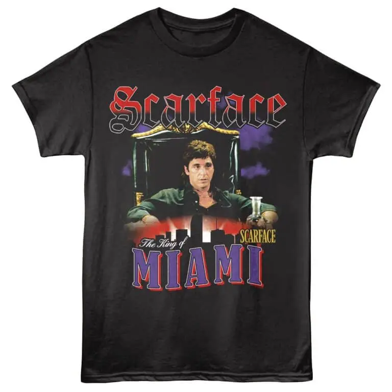 High-quality Scarface Miami themed T-shirt featuring Tony Montana design for fans of gangster movies.