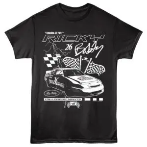 Race car themed T-shirt featuring NASCAR-inspired graphics and checkered flags.