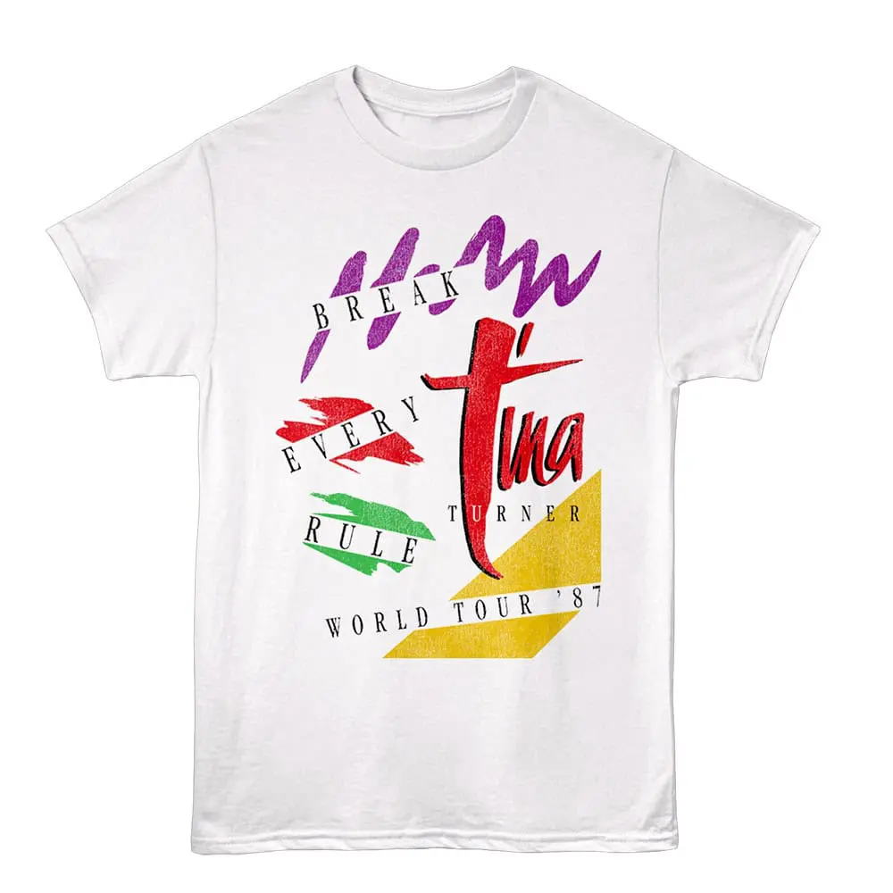 Vibrant graphic t-shirt with bold text and colorful design inspired by the 80s.