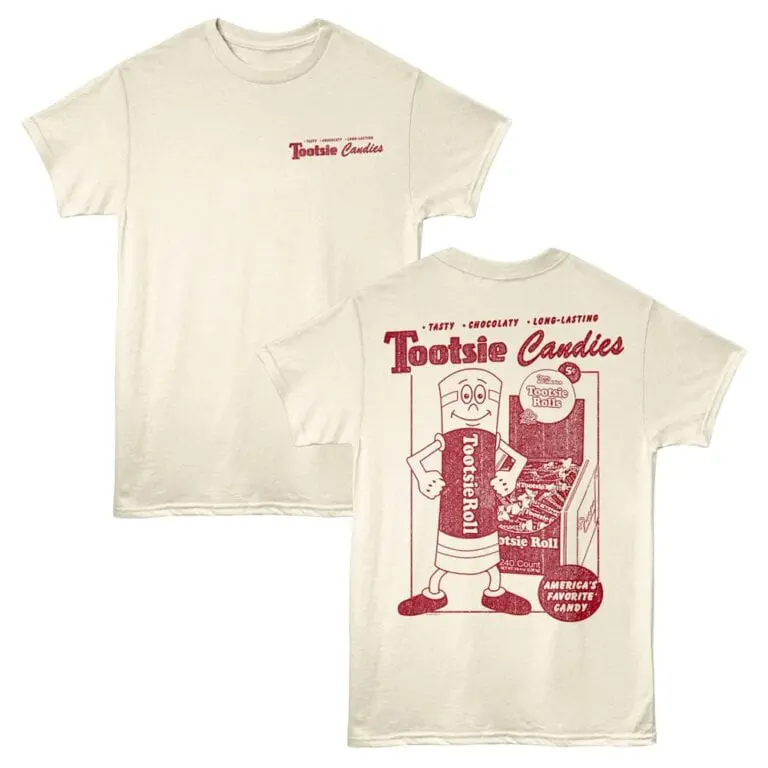 Vintage Tootsie Candies graphic t-shirt, retro candy design for fun, casual wear.