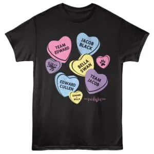 Twilight Saga themed heart graphic T-shirt featuring character names and symbols.