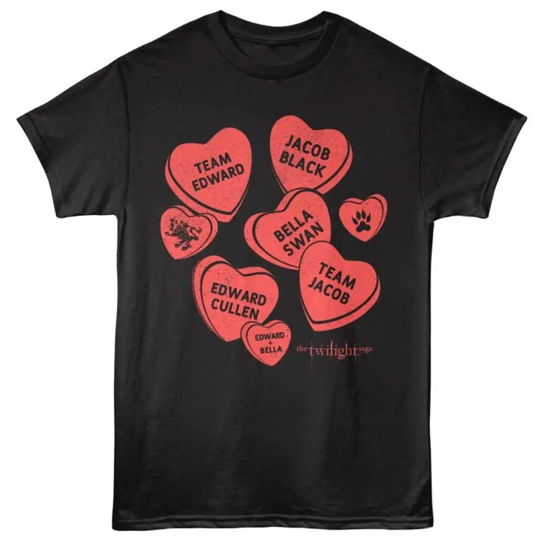 Black Twilight Saga-themed T-shirt with red hearts featuring character and team names from the Twilight series.