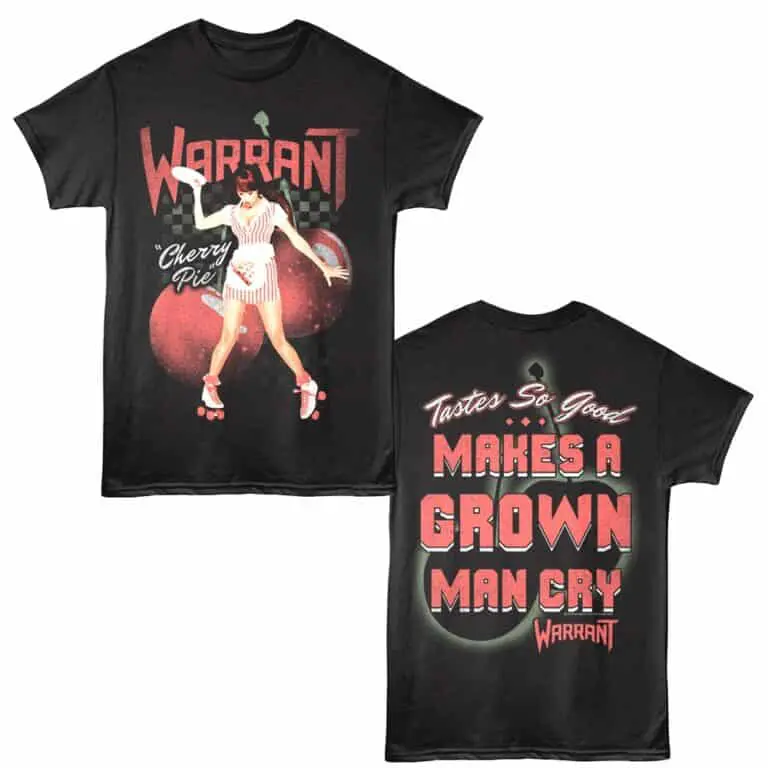 Retro Warrant Cherry Pie graphic T-shirt with bold print and vintage design. Perfect for rock music fans and casual fashion.