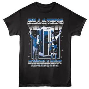 Retro Bill & Teds T-shirt with phone booth graphic, ideal for movie and adventure-themed fashion enthusiasts.