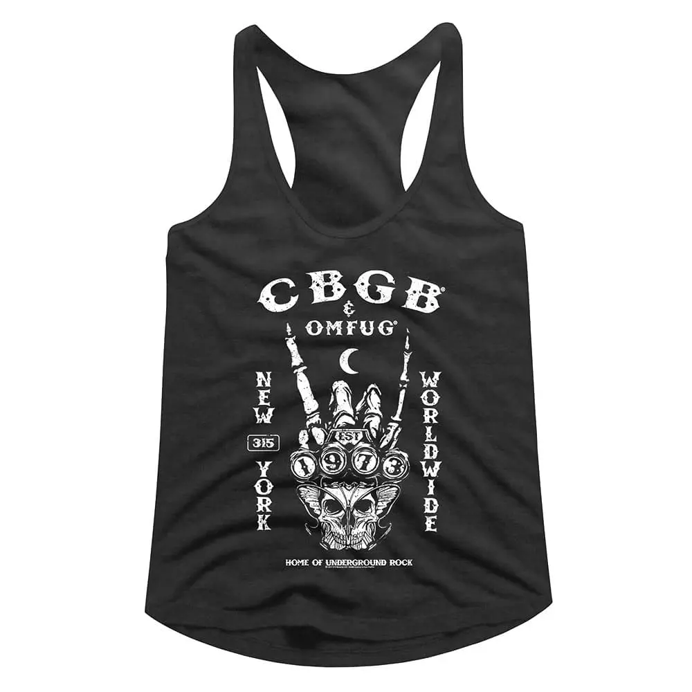 Stylish black tank top featuring a skull with tribal design, perfect for underground rock music enthusiasts.