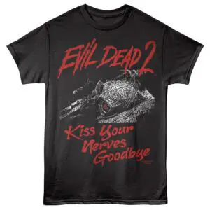 Horror zombie graphic T-shirt featuring "Evil Dead 2" with bold red text and a creepy monster illustration.