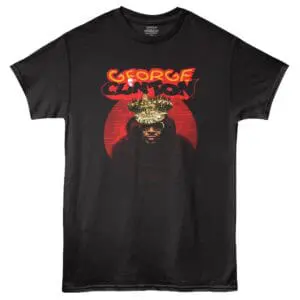 Vibrant graphic tee featuring George Clinton with crown and bold text, ideal for music and funk fans.