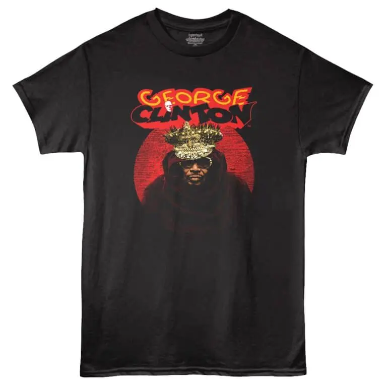 Vibrant graphic tee featuring George Clinton with crown and bold text, ideal for music and funk fans.