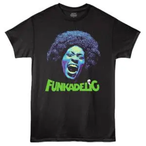 Vibrant black T-shirt featuring a bold, colorful Funkadelic-inspired face graphic for music fans.
