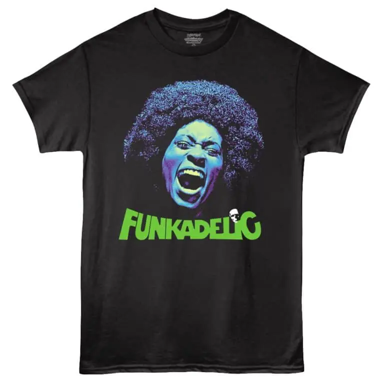 Vibrant black T-shirt featuring a bold, colorful Funkadelic-inspired face graphic for music fans.