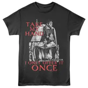 Graphic T-shirt with gladiator image and powerful quote, perfect for fans of bold fashion.
