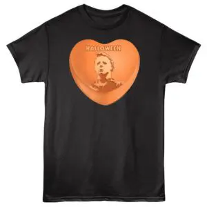 Pumpkin-shaped T-shirt featuring Michael Myers' face and Halloween-themed design, ideal for fans of horror costumes.