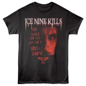 Horror band T-shirt featuring Ice Nine Kills' face with eerie graphic and bold red text.