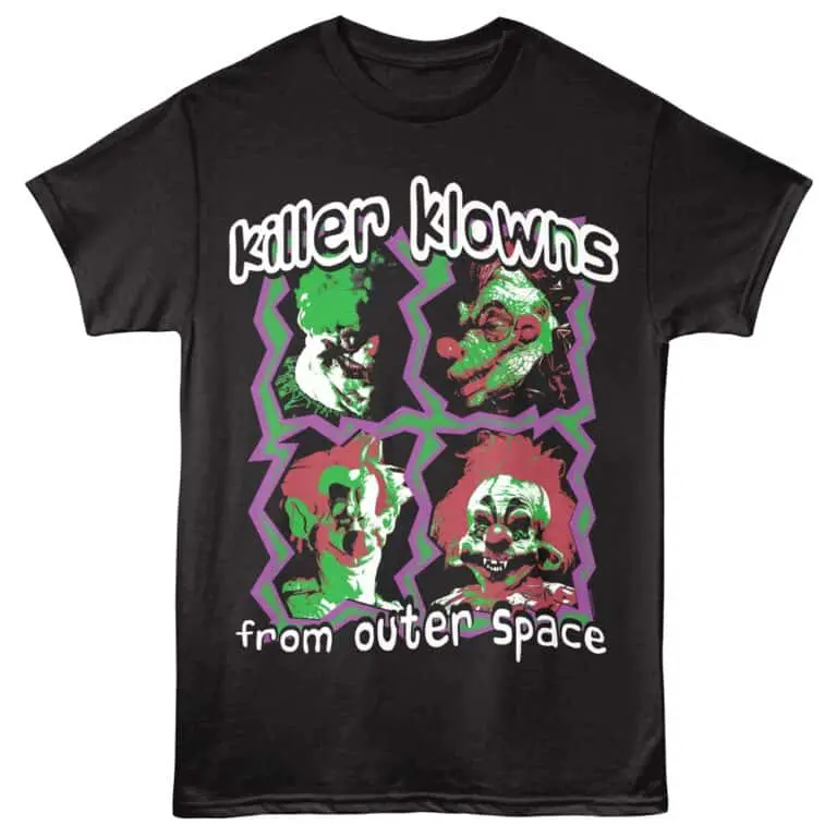 Colorful Killer Klowns from Outer Space graphic t-shirt for horror fans. Unique clown horror design for casual wear.