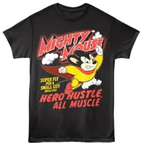 Cute cartoon Mighty Mouse t-shirt with hero slogan print. Perfect for superhero fans and casual wear.