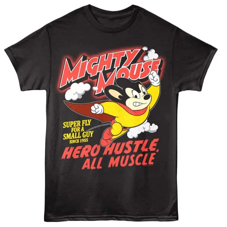Cute cartoon Mighty Mouse t-shirt with hero slogan print. Perfect for superhero fans and casual wear.