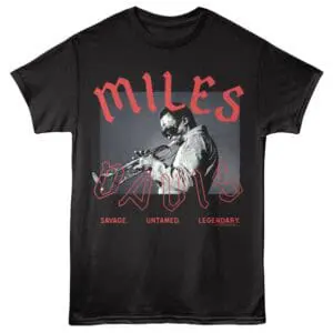 Bold graphic T-shirt featuring Miles Davis playing trumpet, with striking red text and legendary style.