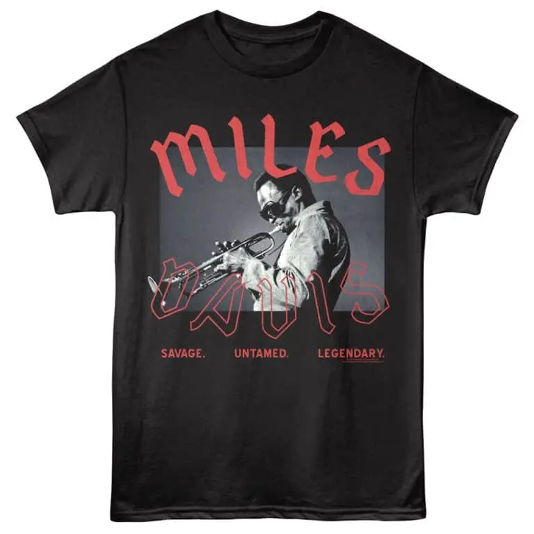 Bold graphic T-shirt featuring Miles Davis playing trumpet, with striking red text and legendary style.