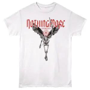 Graphic tee featuring skeletal bird with sixties-style text and logo design. Perfect for music and streetwear fans.