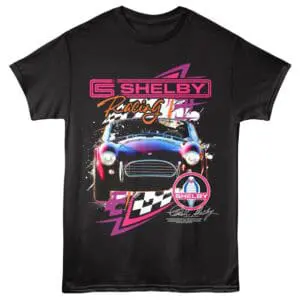 Colorful Shelby racing car graphic on a black tee for car enthusiasts.