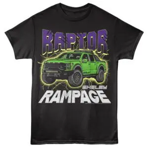 Vivid green Shelby Raptor truck graphic on black T-shirt, bold text design.