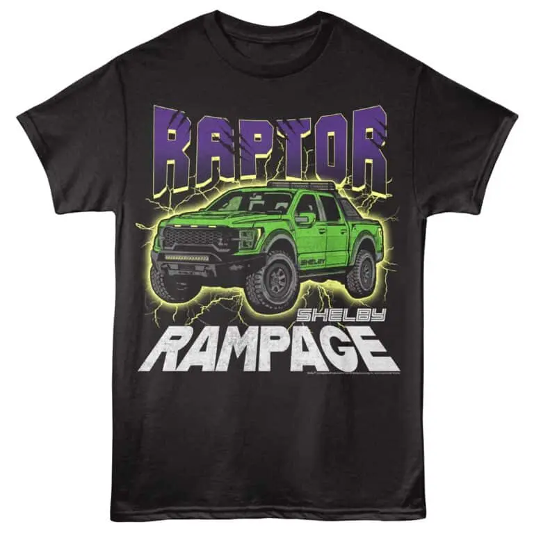 Vivid green Shelby Raptor truck graphic on black T-shirt, bold text design.