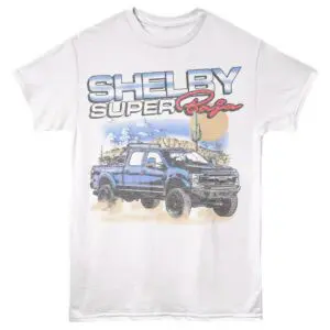 Vibrant Shelby Super Ranger graphic tee featuring a rugged off-road truck and desert scene, perfect for car enthusiasts.