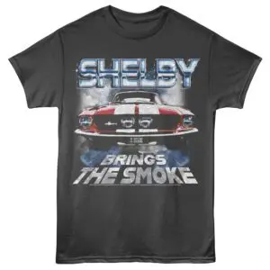 Vintage Shelby Mustang graphic tee with smoke and bold text. Perfect for car enthusiasts and muscle car fans.