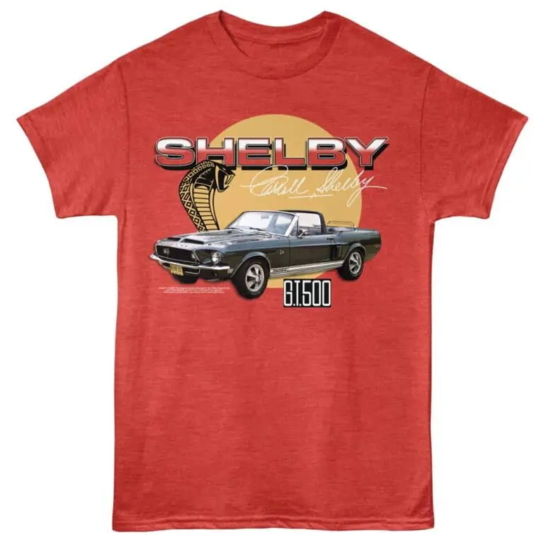 Vintage Shelby Mustang t-shirt with classic car design, Shelby logo, and signature.