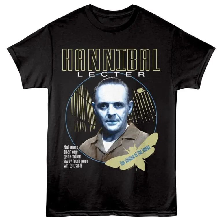 Hannibal lecture shirt featuring Hannibal Lecter with funny quote about white trash. Unique horror movie design.