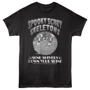 A black T-shirt featuring cartoon skeletons dancing with spooky text and the phrase "Send Shivers Down Your Spine" for Halloween fun.