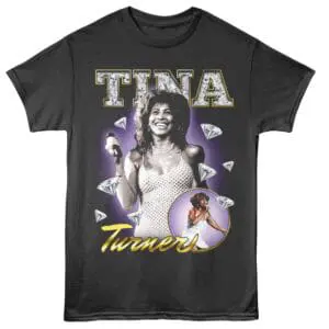 Stylish Tina Turner graphic T-shirt featuring her iconic photo and glittering diamond accents, perfect for music fans.